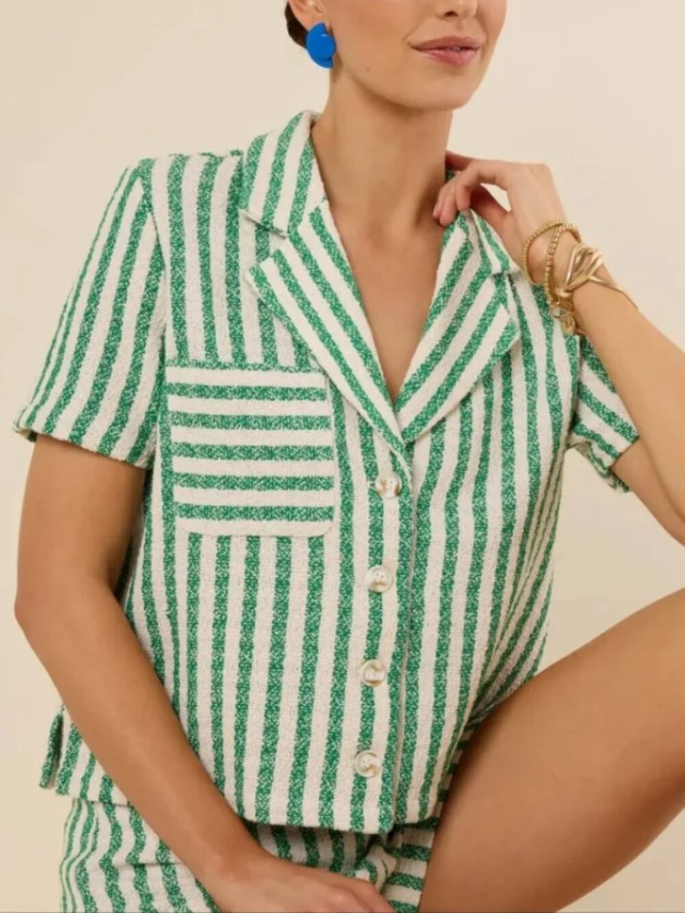 Vici Green Ivory Stripes Woven Tailored Button Front Top Size Medium